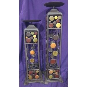 Unique Pair Of Mcm Metal Pillar Candle Holders 22" & 18" Tall